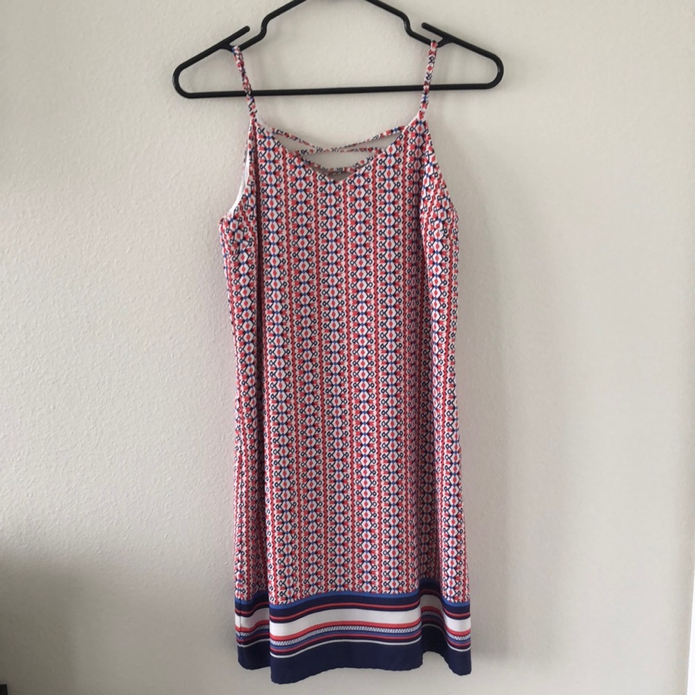 Red, white and blue patterned dress